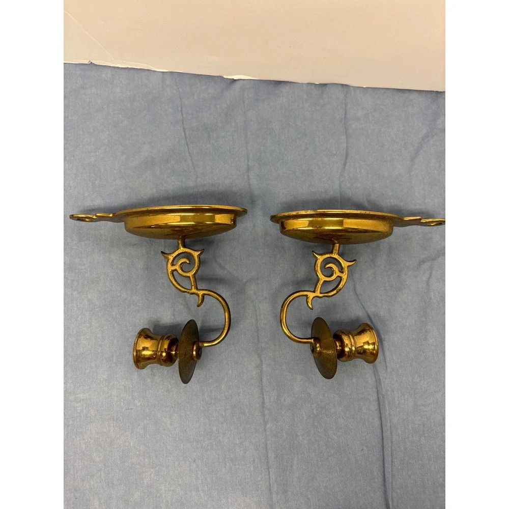 Vintage Brass Wall Sconce Candle Holders Set of 2 Gold Scroll Arm Traditional